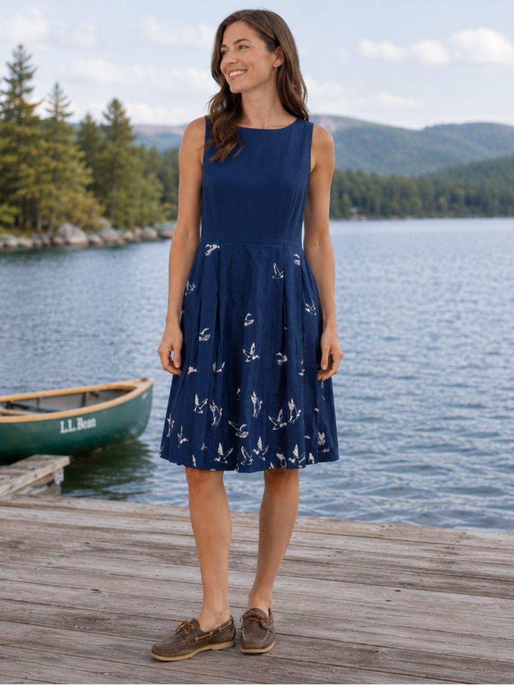 L.L. Bean Signature Blue Sleeveless Fit & Flare Midi Dress w/ Bird Print Size 0
